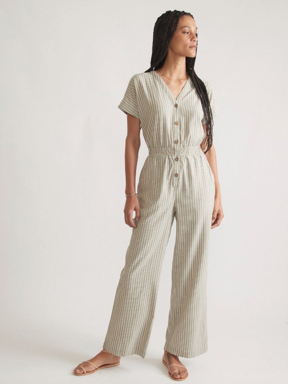 Marine Layer Lia Wide Leg Jumpsuit in Olive Stripe